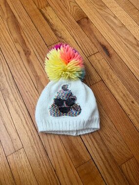 Place Emoji 💩 sequins fun colorful winter knit pom Pom Beanie fleece Lined white